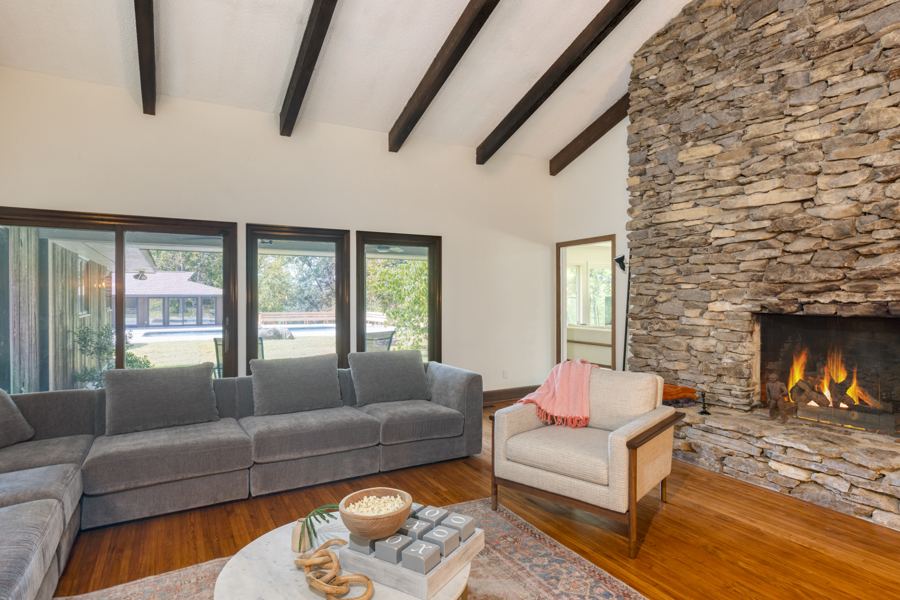 Living room with beamed ceiling